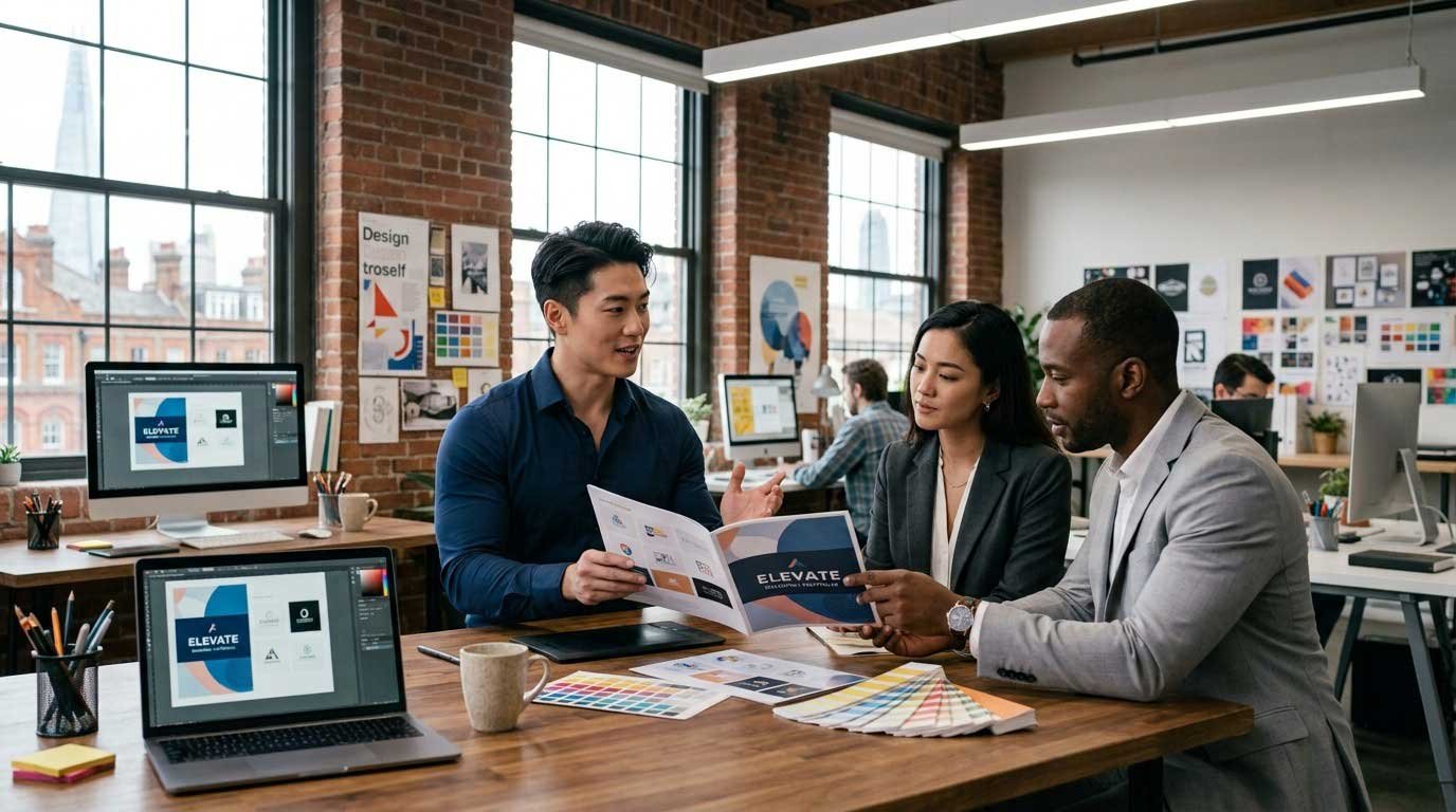 Three coworkers discussing a brochure at a work table in an office with large windows and exposed brick walls.