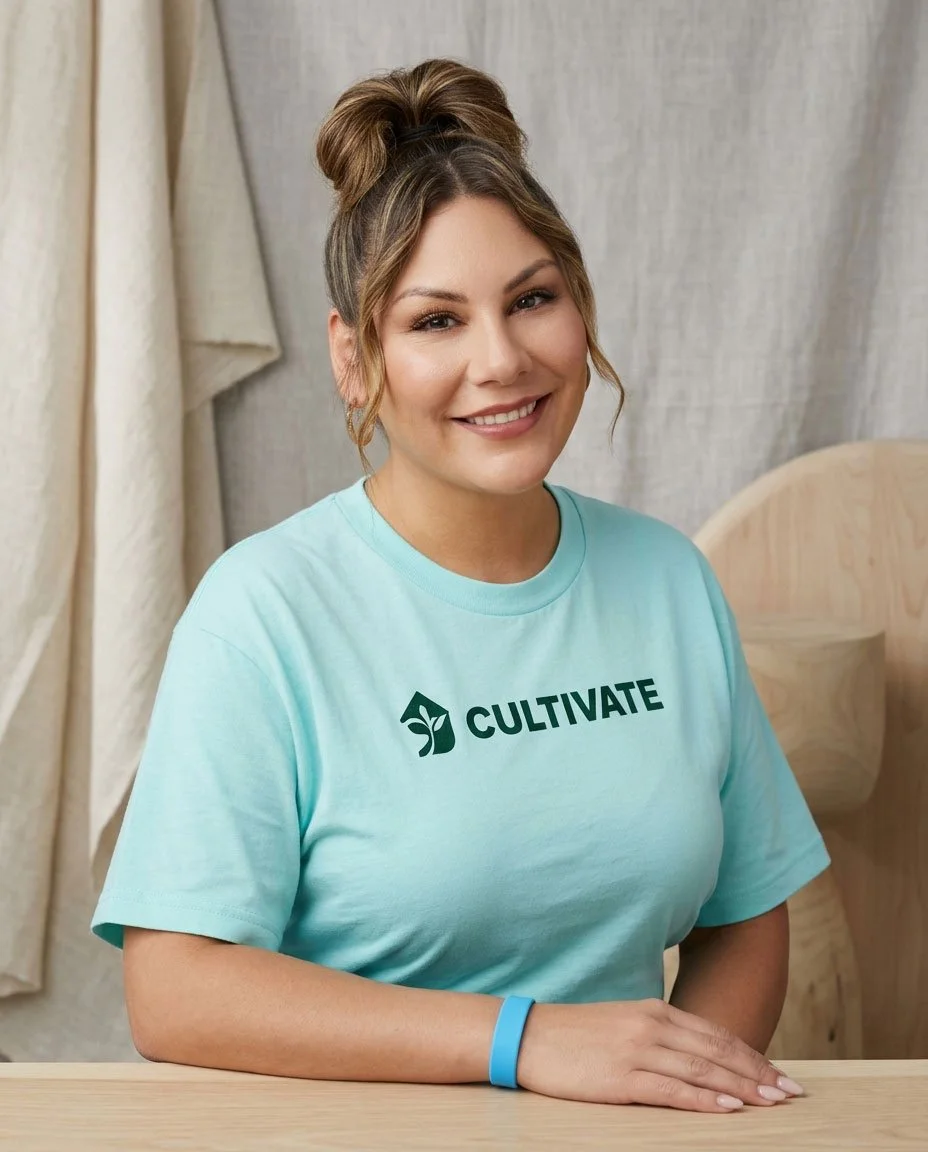 Milagros Caebajal, founding member of Cultivate, smiling in a professional portrait wearing a branded teal shirt.