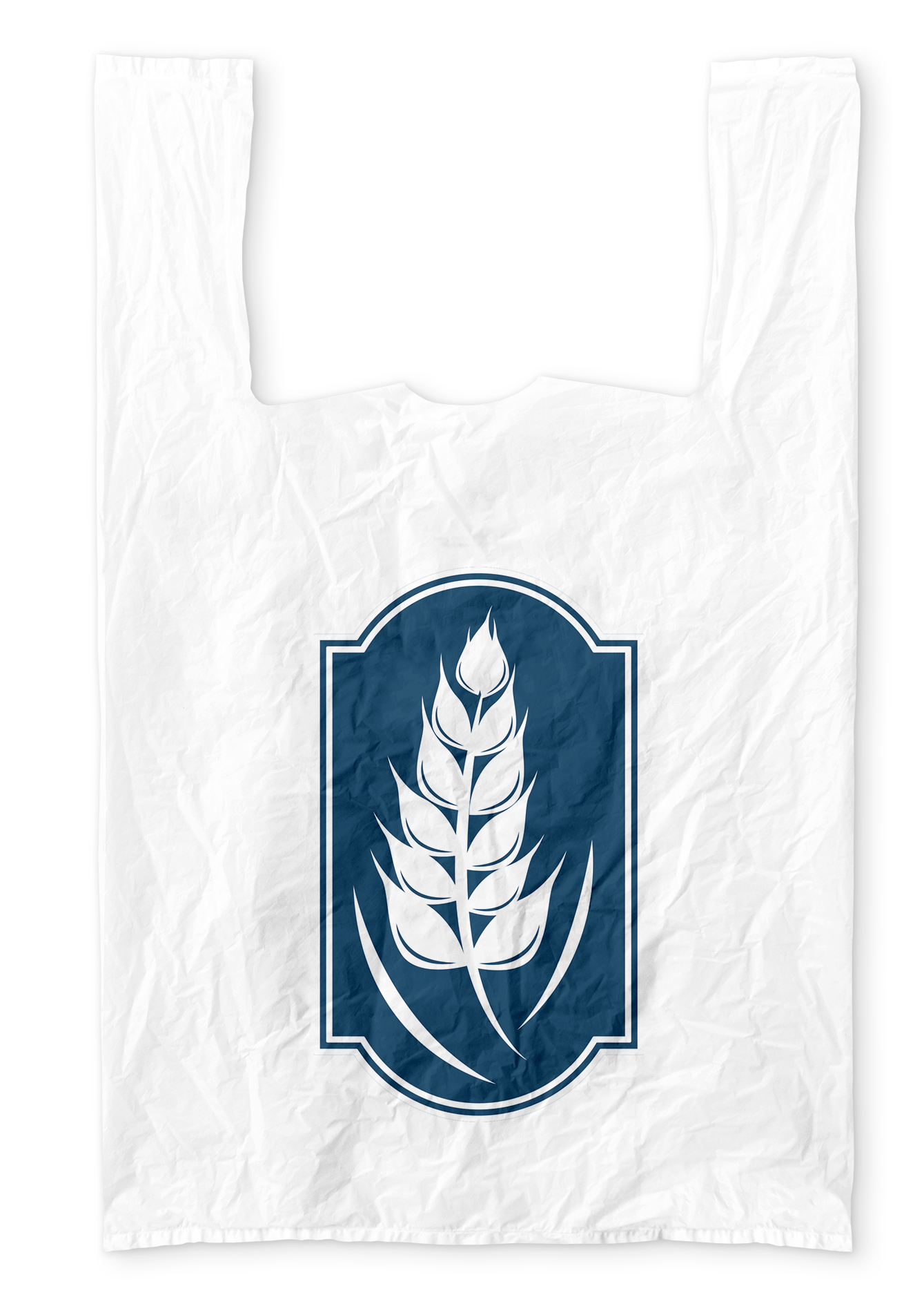 A white, crinkled plastic bag featuring a navy blue logo with a stylized white wheat stalk emblem in the center.