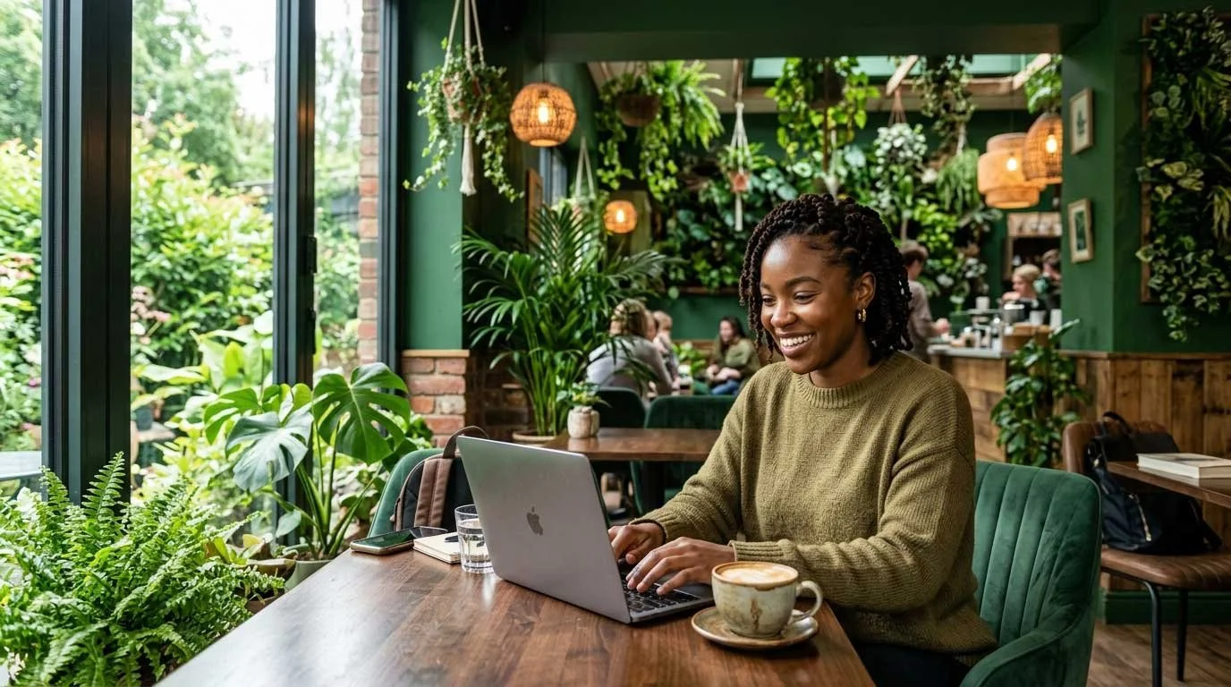 A woman working on a laptop in a cozy, green-themed cafe with potted plants and hanging lights.