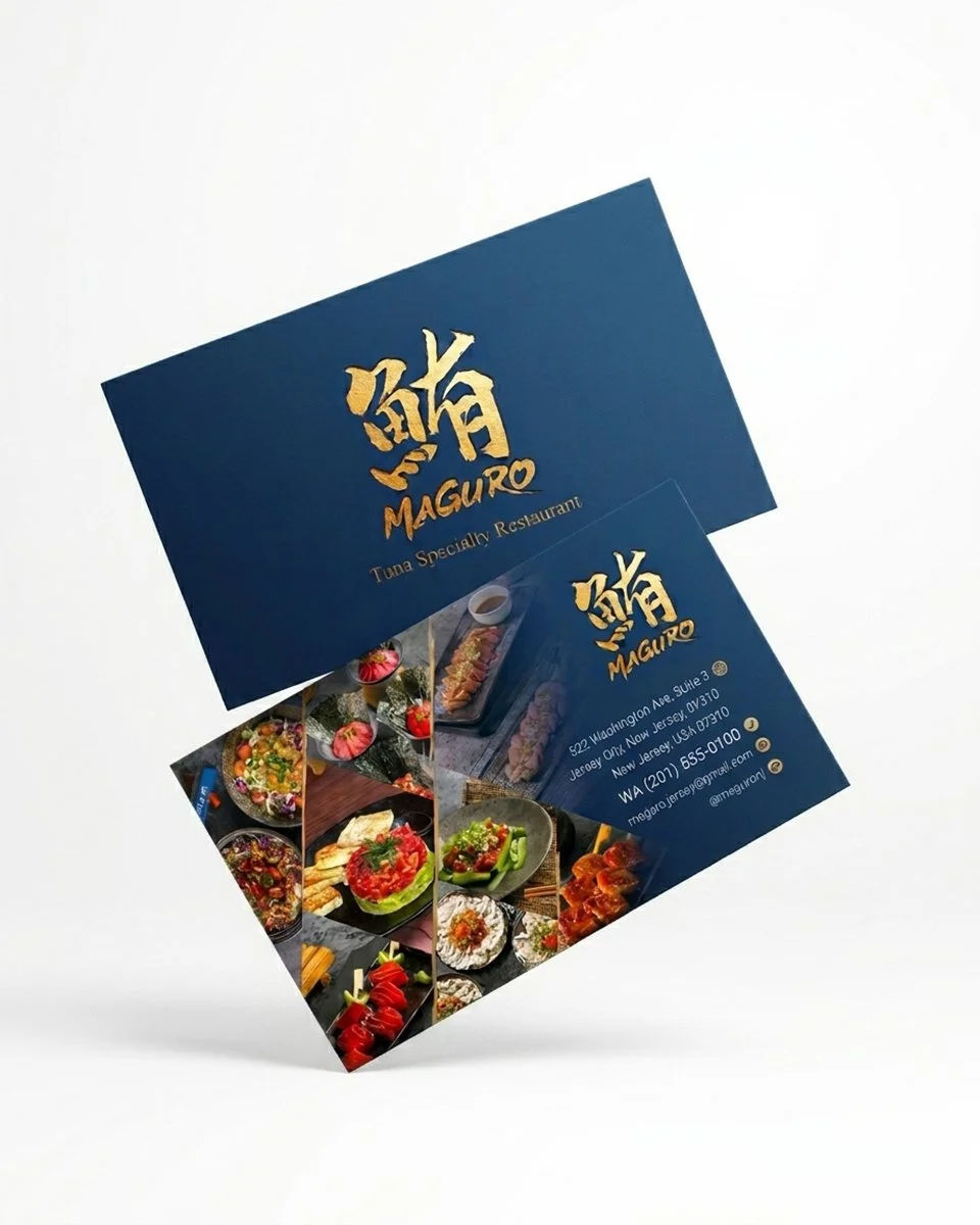 Magu​​ro Tuna Specialty Restaurant blue brochure and business card featuring sushi and tuna dishes