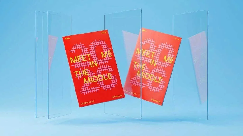 Two red "MEET ME IN THE MIDDLE" posters for a Kansas City conference, October 22–24, hanging between tall clear acrylic panels against a light blue studio background.