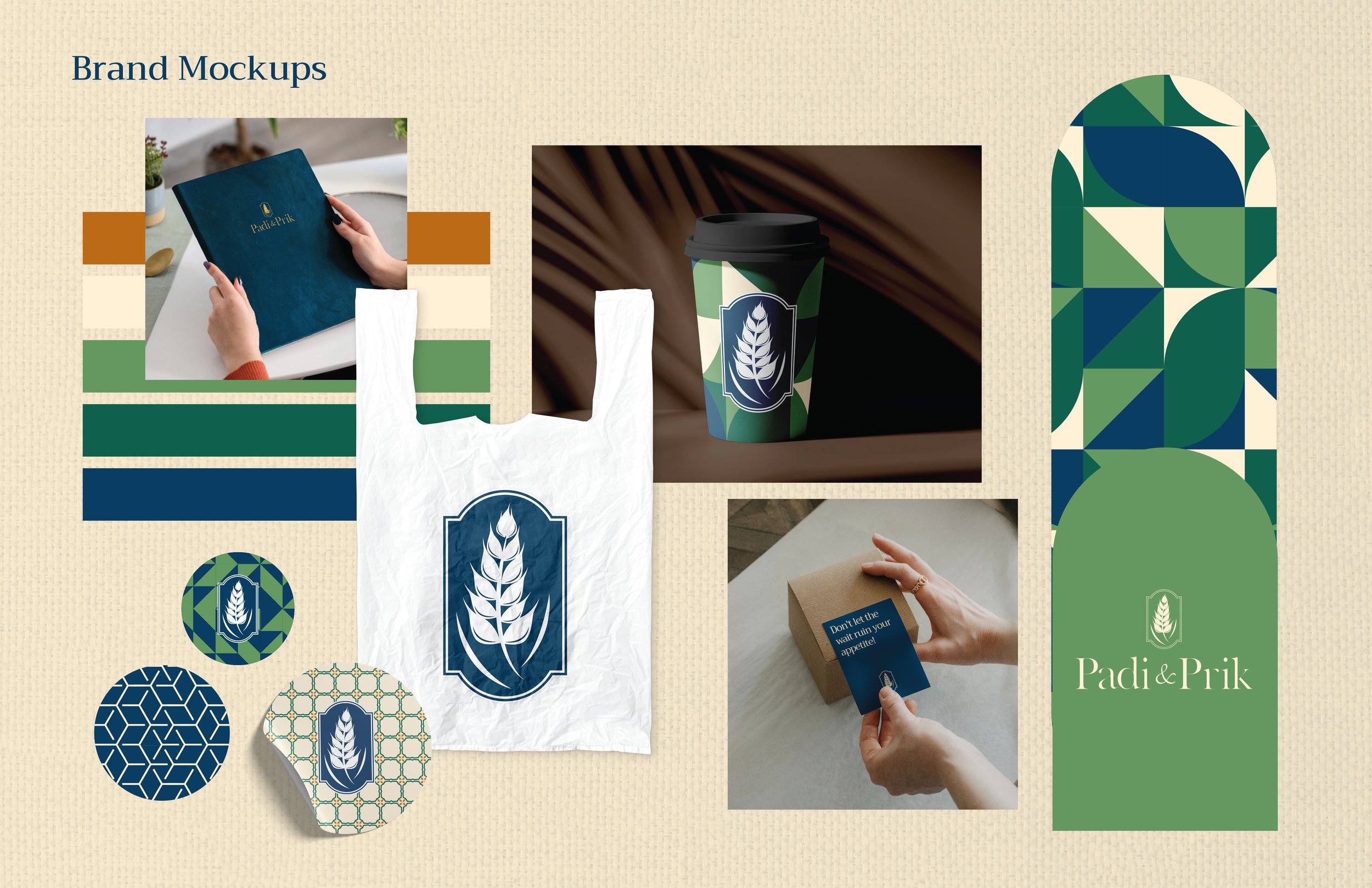A professional brand guideline showcase featuring Padi & Prik mockups for menus, packaging, and geometric patterns.