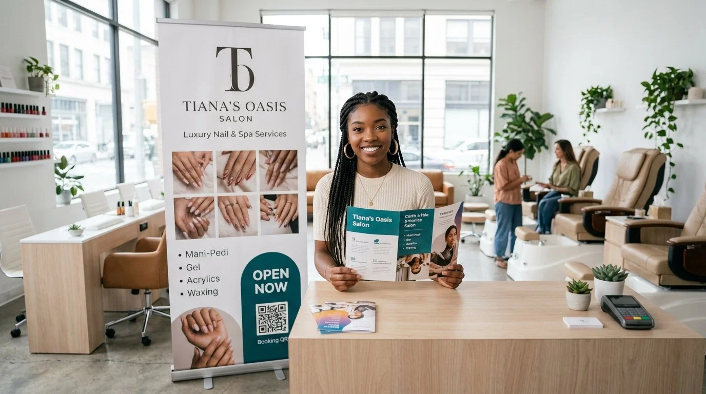 A smiling woman at a reception desk holding a brochure inside a nail salon with a sign on the left promoting nail and spa services and customers getting pedicures in the background.