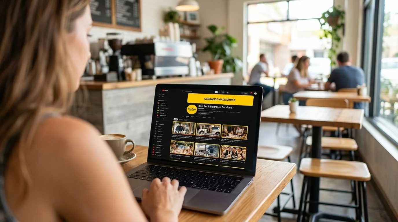 A woman views the Blue Rock Insurance Services youtube channel on her laptop while relaxing in a bright, modern cafe.