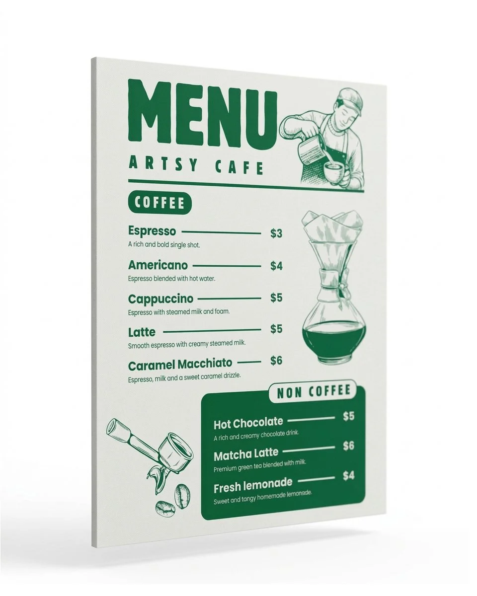 Artsy Cafe menu foamcore board featuring coffee drinks, non-coffee beverages, prices, and vintage coffee brewing illustrations.