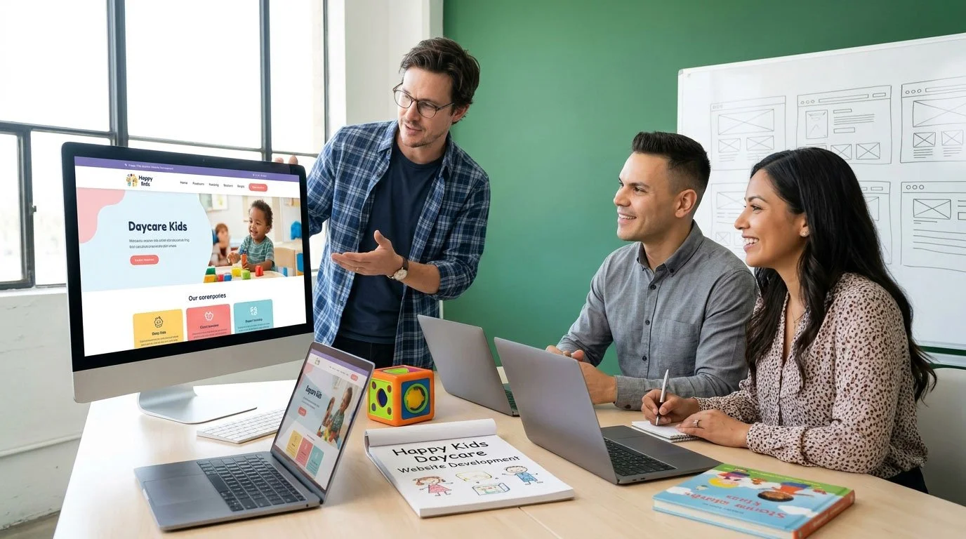 A meeting with three people discussing a website titled "Happy Kids Daycare." One man is standing and gesturing towards a desktop computer showing the homepage, while two others are seated with laptops, smiling and taking notes.
