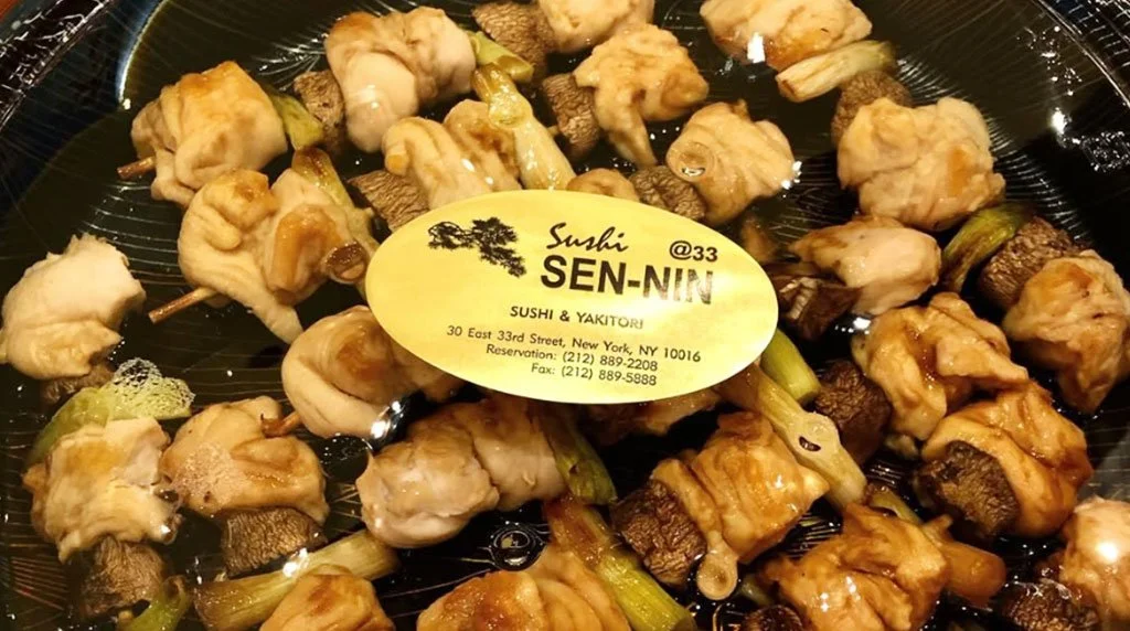 Delicious yakitori tray from Sushi Senin, custom printing on the label shows the restaurant's New York address.
