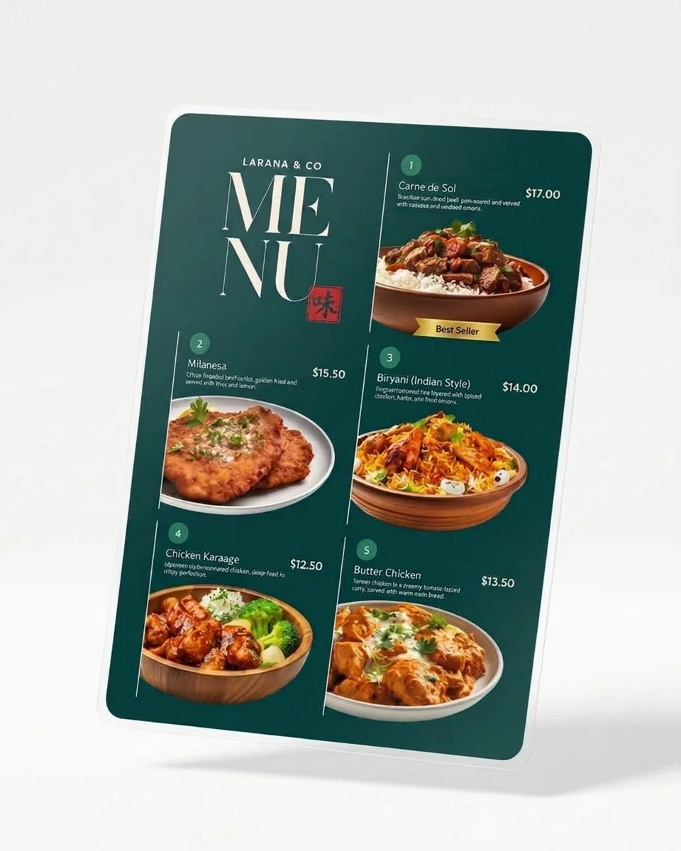 Larana & Co restaurant menu featuring Carne de Sol, Milanesa, Biryani, Chicken Karaage, and Butter Chicken with prices