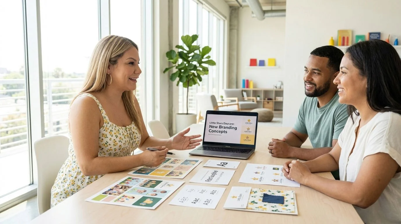 Three people sitting at a table having a discussion during a meeting in a bright, modern office. The woman on the left is speaking and gesturing with her hand. The laptop on the table displays a presentation titled 'Little Stars Daycare: New Branding Concepts.' Various papers, brochures, and a notebook are spread out on the table.