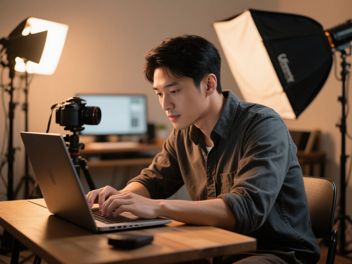 Professional content creator in a studio using a laptop to manage Enhanced Traditional Marketing production workflow.