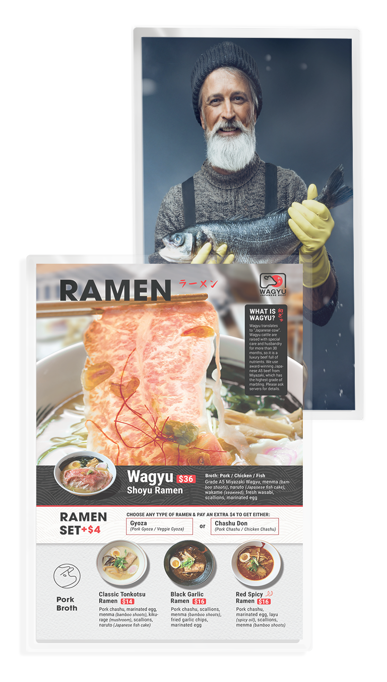 A professional laminated menu showcasing Wagyu ramen options and prices, paired with a portrait of a bearded fisherman.