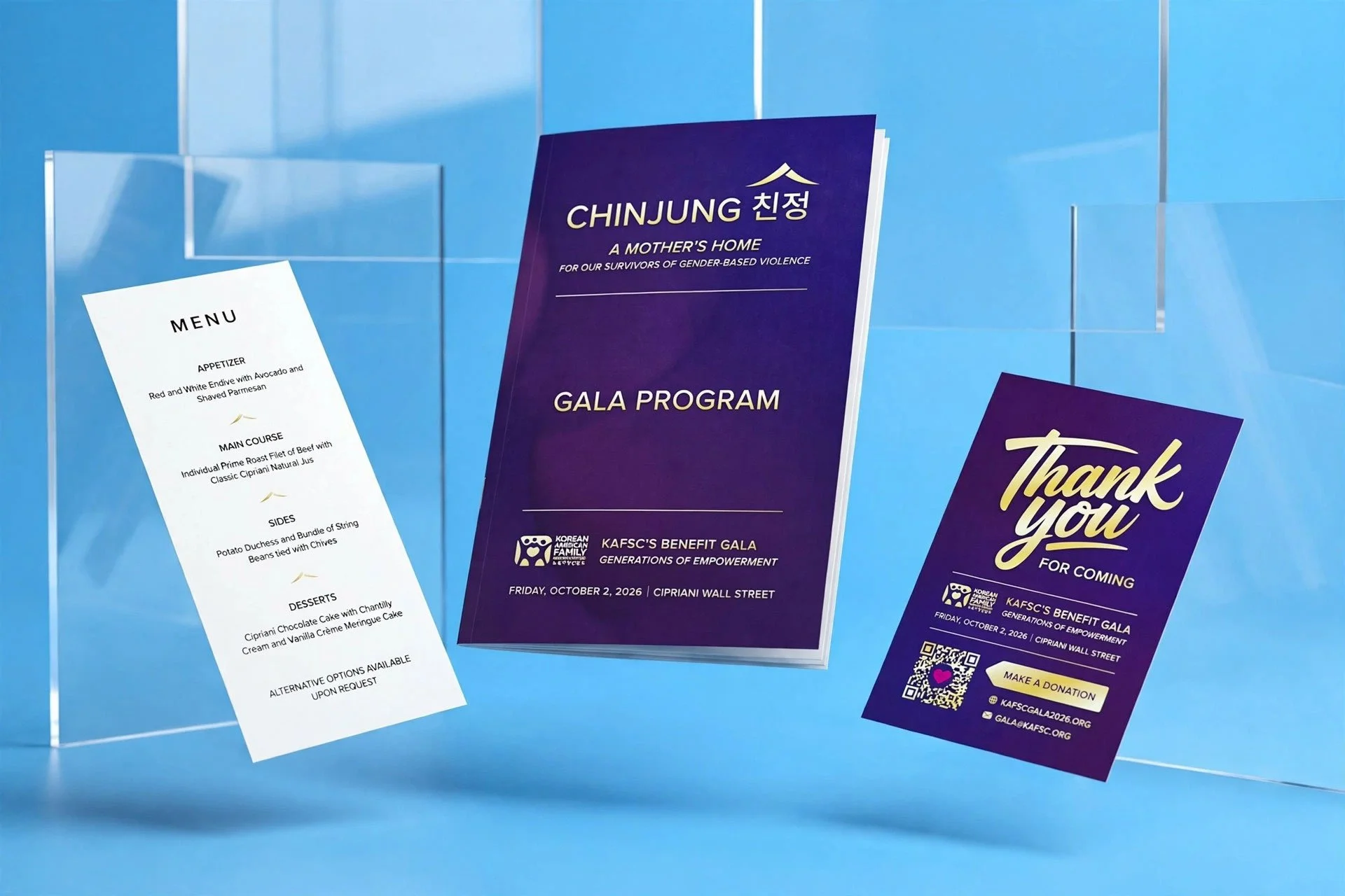 Custom Menu, Gala Program, and Thank-You card printing service featuring professional branding for KAFSC benefit events.