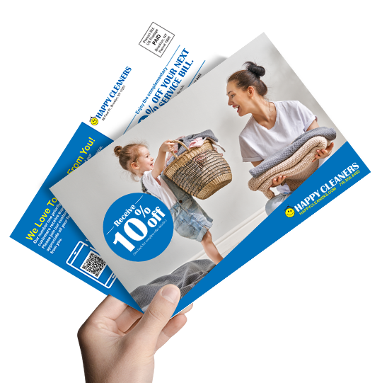 A flyer from Happy Cleaners showing a woman and a girl exchanging laundry, with a 10% off discount offer.