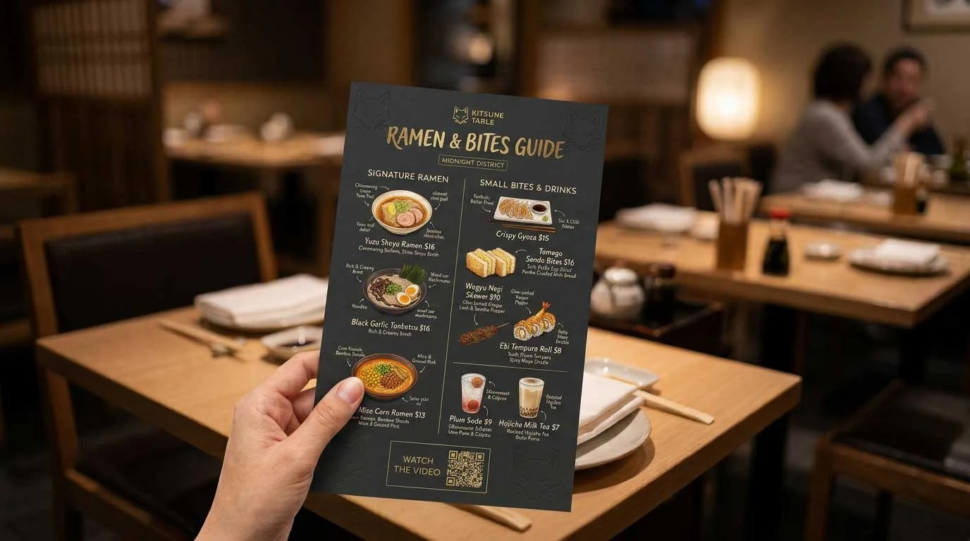 Hand holding the Kitsune Table Ramen & Bites Guide print menu with illustrated dishes in a warm Japanese restaurant.