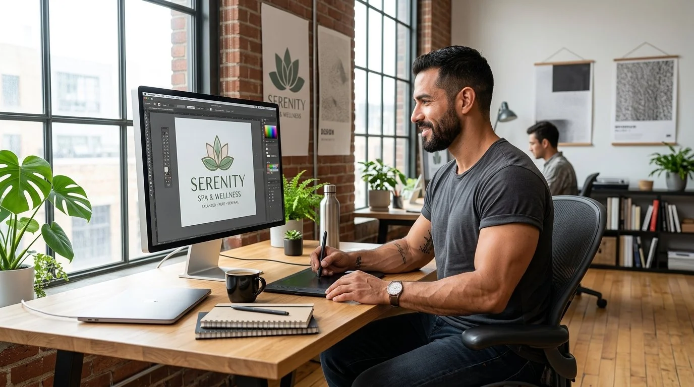 Graphic designer creating a Serenity Spa & Wellness logo on a desktop computer in a modern brick-walled studio