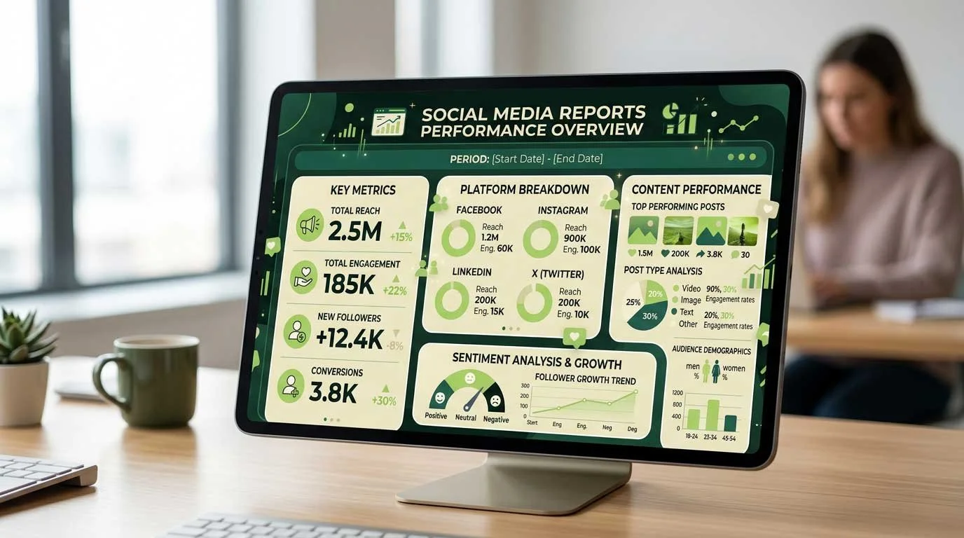 Computer monitor displaying social media performance report with metrics, platform breakdowns, content performance, sentiment analysis, and audience demographics.