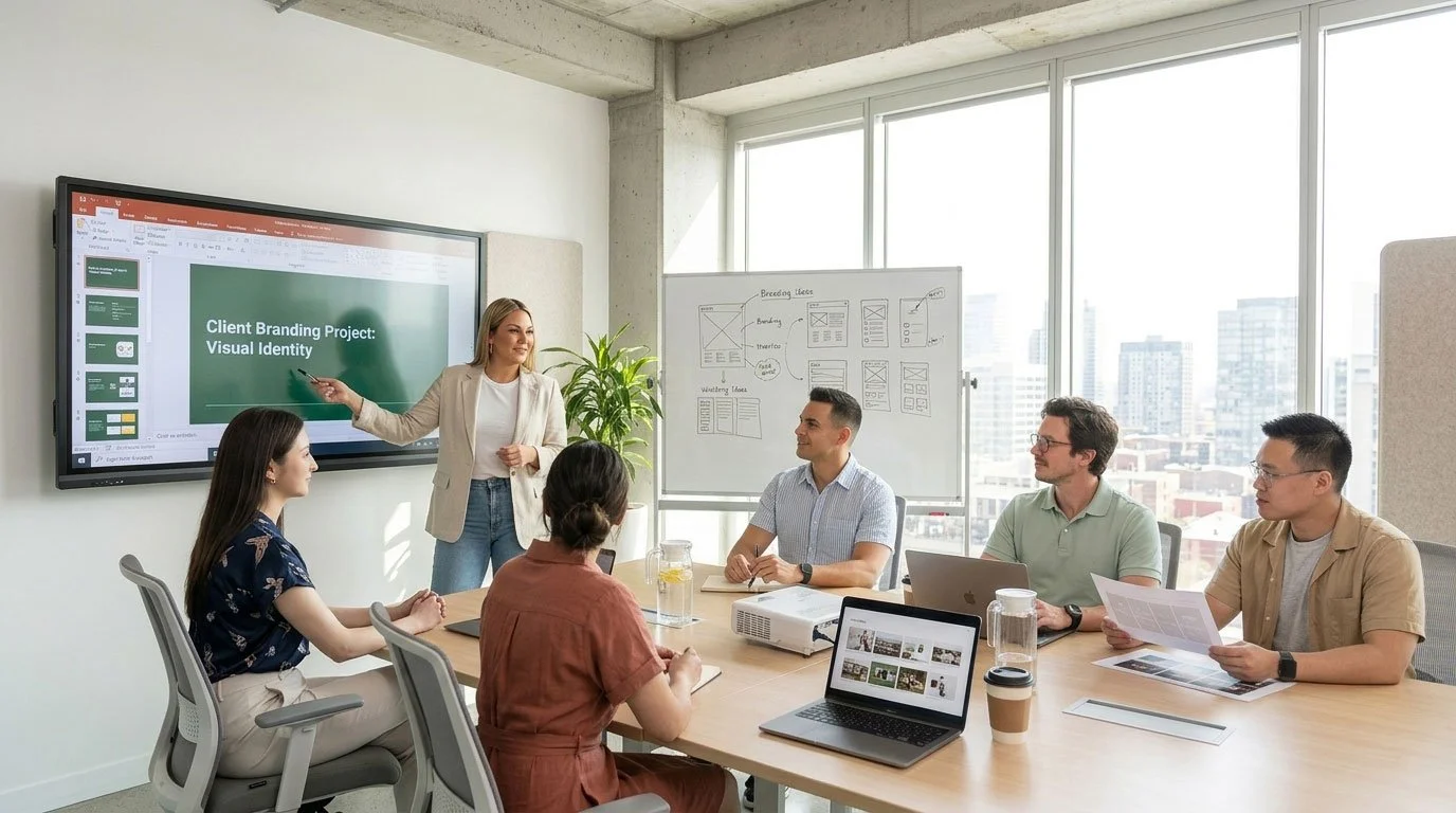 Business meeting in a modern office with a woman presenting a slide on a digital screen titled 'Client Branding Project: Visual Identity' to five colleagues seated around a wooden conference table.