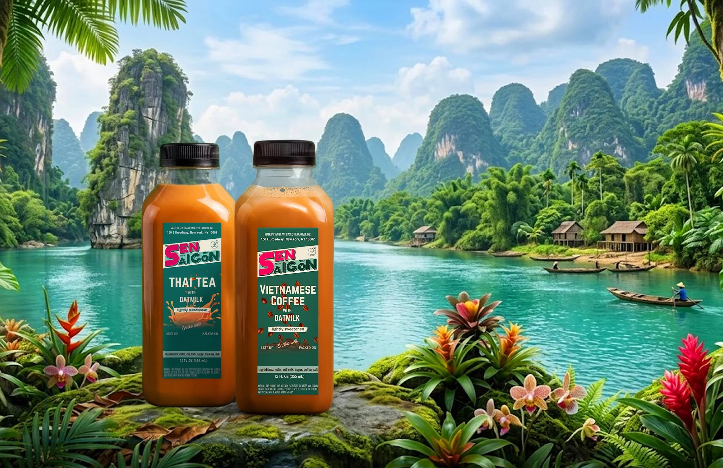 Sen Saigon's custom print labels for Thai Tea and Vietnamese Coffee.