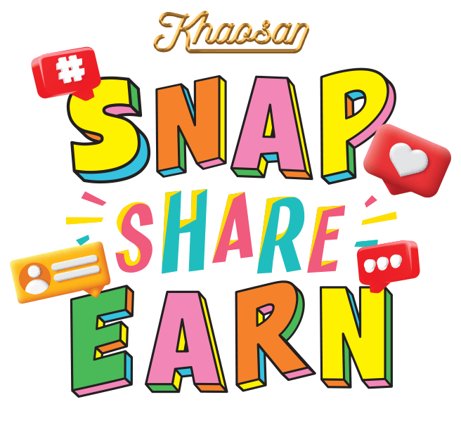 Colorful graphic with the words 'Khaosan SNAP and EARN' in bold, colorful letters, surrounded by icons such as a hashtag, heart, user profile, and chat bubble.