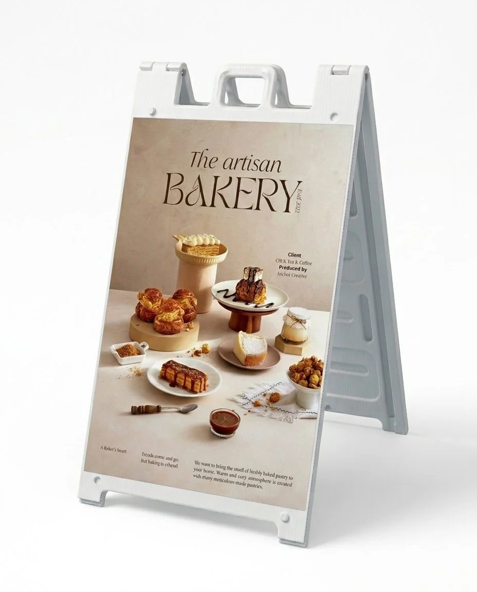 White A-frame bakery sidewalk coroplast sign displaying an artisan bakery poster with assorted pastries and desserts