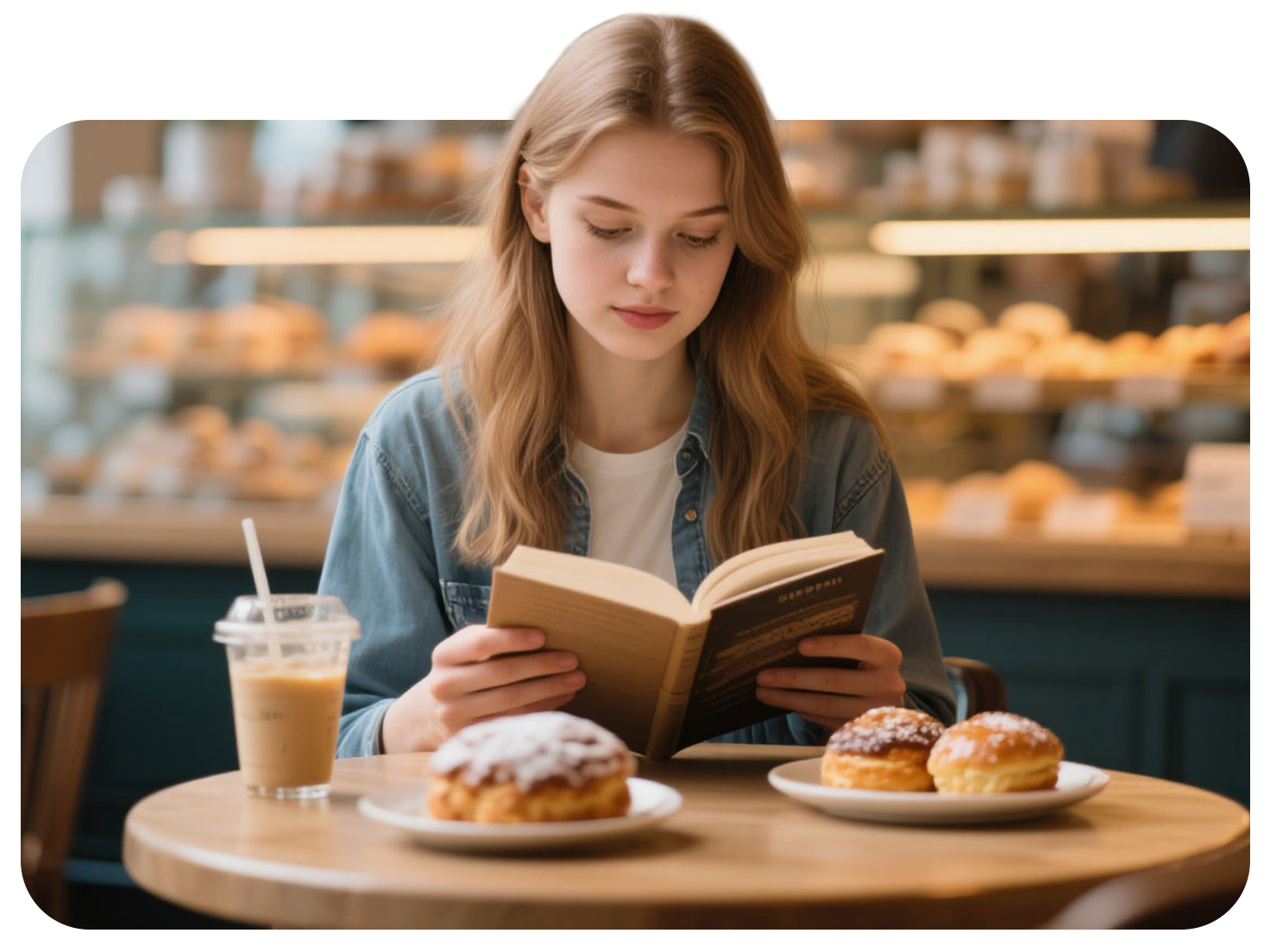 A loyal customer reads a book at a cafe table while enjoying iced coffee and powdered pastries in a warm bakery setting.