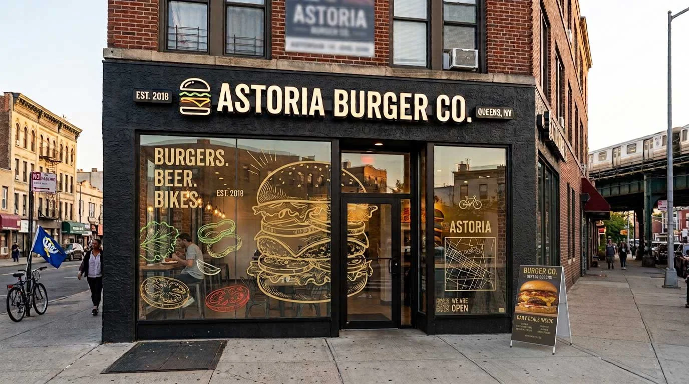 Exterior of Astoria Burger Co. restaurant on a city street corner, with large window display featuring neon illustrations of burgers, beer, and bicycles, and signage indicating the restaurant is located in Queens, NY, established in 2018.