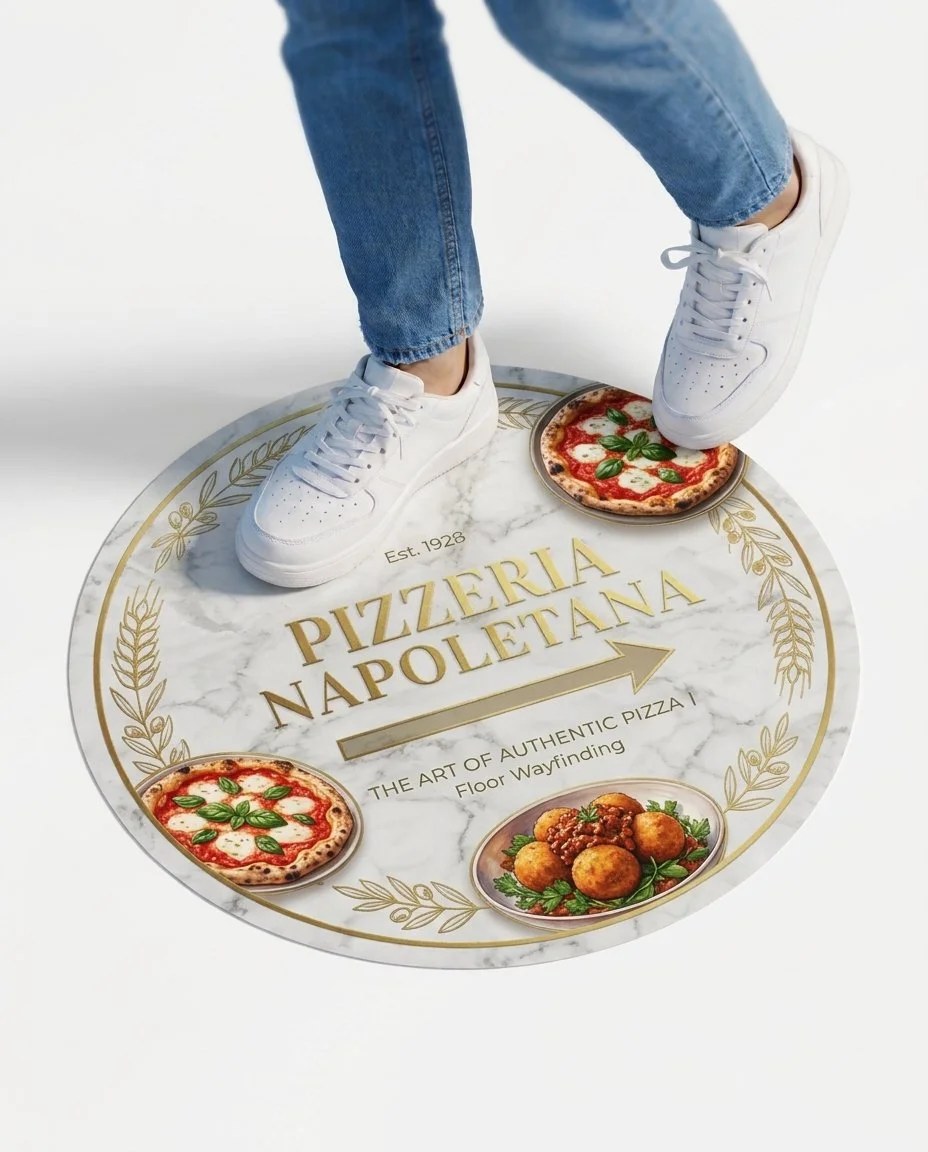 Person in white sneakers standing on adhesive vinyl Pizzeria Napoletana floor wayfinding sign surrounded by images of Neapolitan pizza and Italian dishes