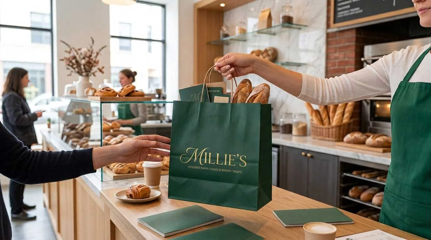 A customer receives a paper bag filled with bread from a shop employee at a bakery counter.