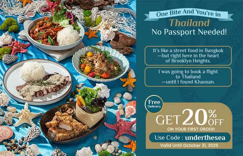 A direct mailer for Khoasan Thai Restaurant shows various bowls and plates of Thai food on a blue surface with seashells and starfish, alongside an advertisement for a travel promotion to Thailand with a 20% discount code.