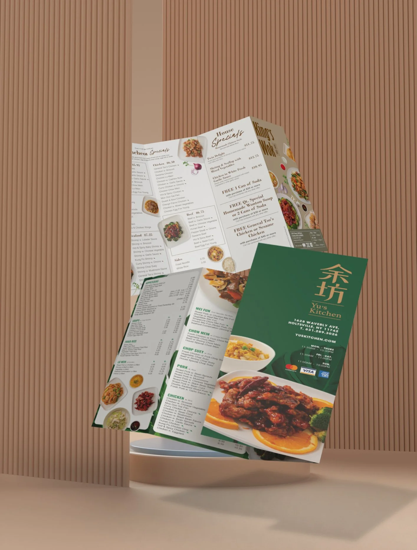 Professional tri-fold Restaurant Menu design featuring traditional Chinese dishes, prices, and vibrant food photography.