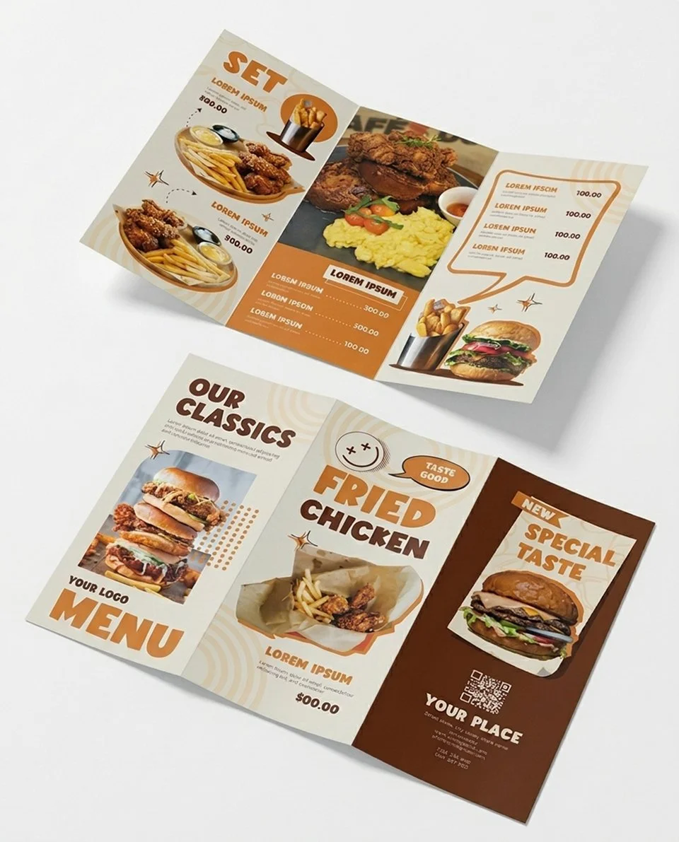 Open fried chicken restaurant menu brochures featuring burgers, fried chicken, fries, and placeholder text