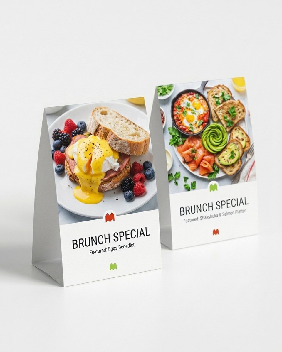 Two table tent covers brunch menu cards featuring Eggs Benedict and a shakshuka and smoked salmon platter.