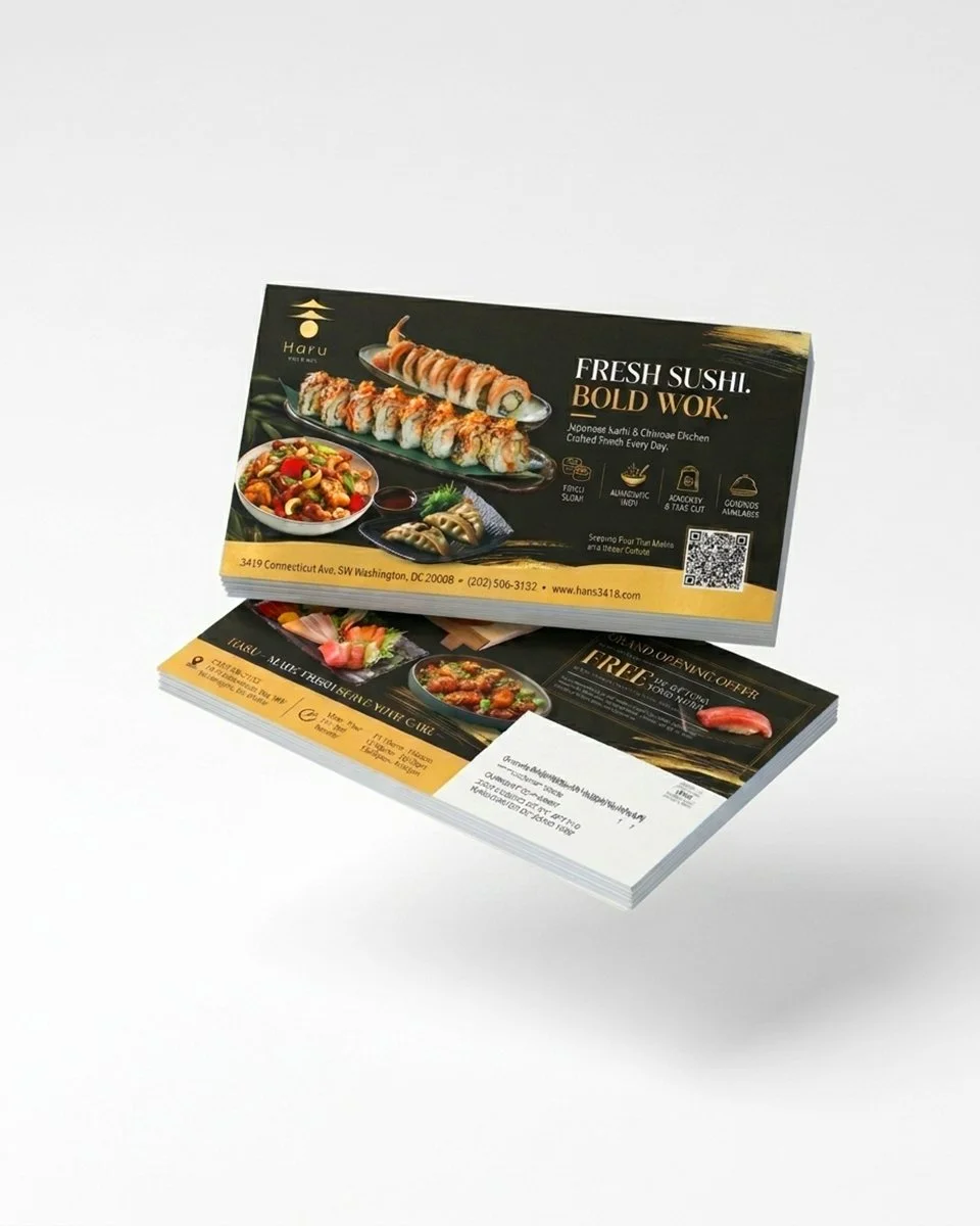 Hapa Sushi restaurant direct mailing featuring sushi rolls, wok dishes, dumplings, and restaurant contact information