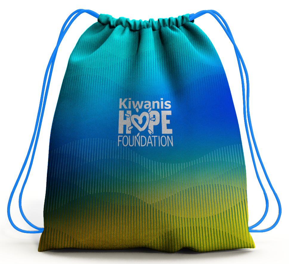 Teal and yellow gradient drawstring back pack featuring the white Kiwanis HOPE Foundation logo and heart symbol.