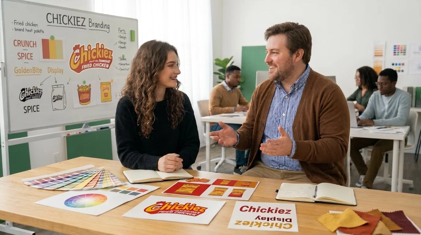 Branding team reviewing Chickiez fried chicken logo concepts, color swatches, packaging designs, and presentation boards in a creative office.