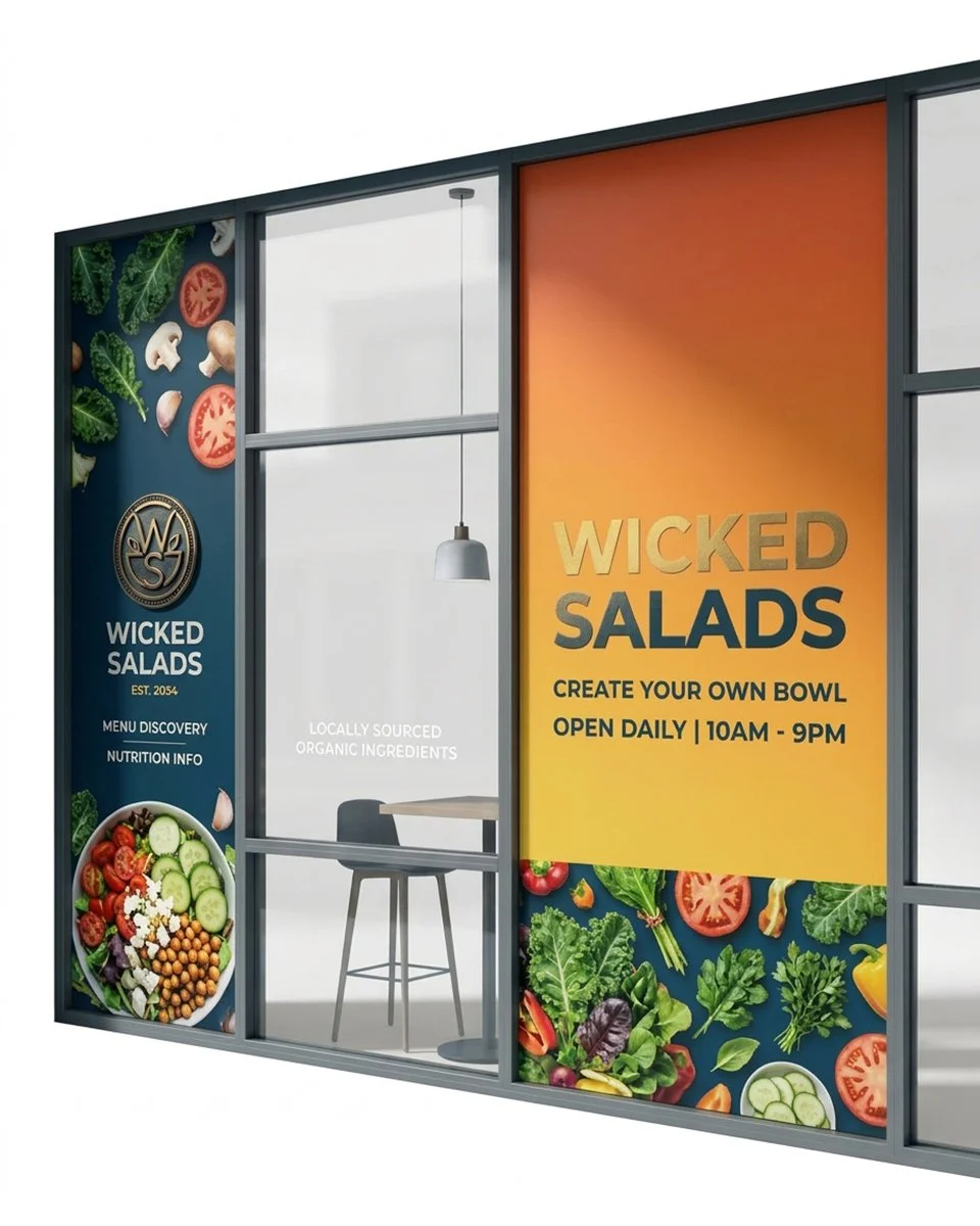 Wicked Salads storefront with colorful vegetable window clings, salad bowl imagery, and signage advertising create-your-own bowls and locally sourced organic ingredients.