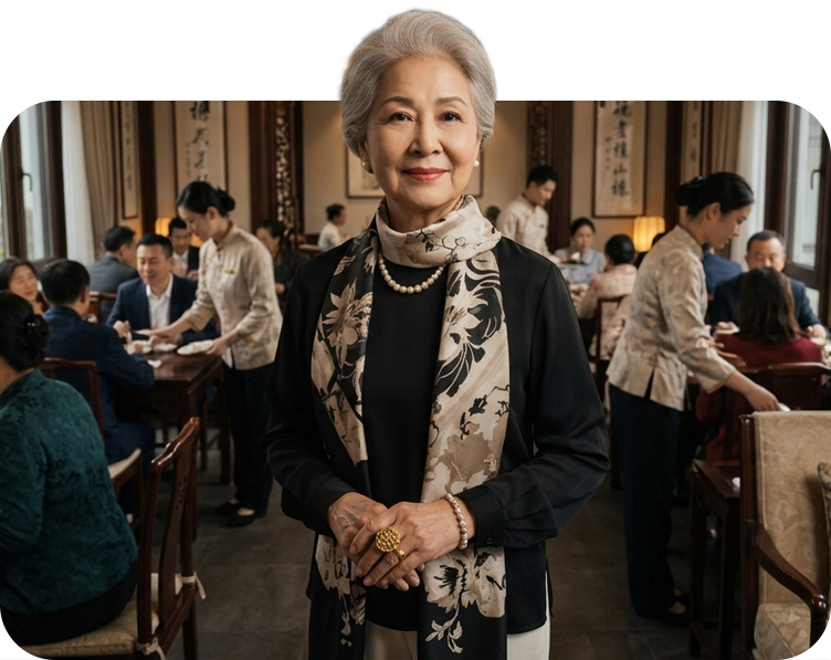 An elderly woman with gray hair standing in a busy restaurant, wearing a black top, patterned scarf, pearl necklace, and rings, with waitstaff and diners in the background.