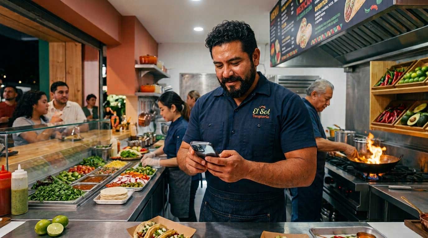 Taqueria kitchen with a chef checking his smartphone, fresh taco toppings, tortillas, vegetables, and a sizzling pan on the stove