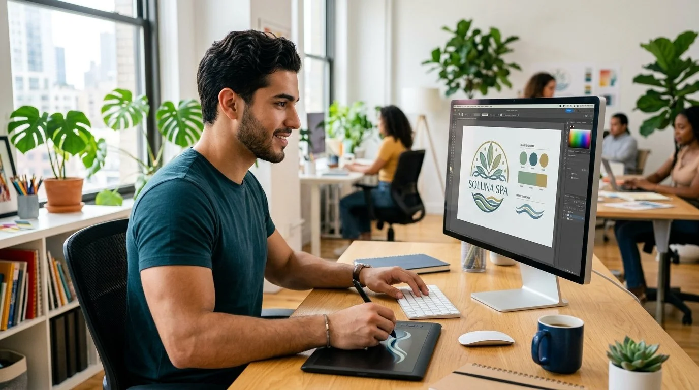 Man smiling at computer with logo design titled 'Soluna Spa' on screen, office environment with plants and colleagues in background.