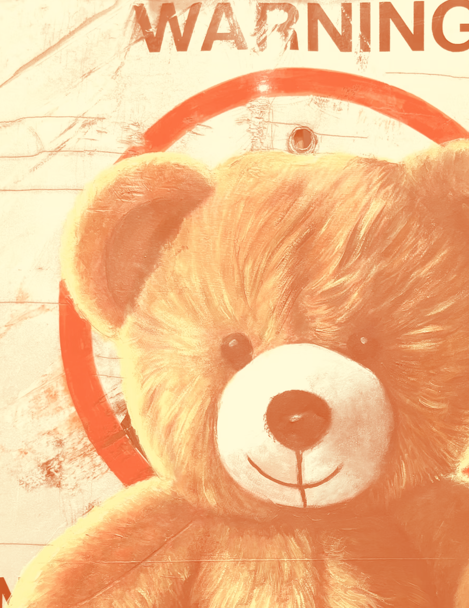 Close-up of a teddy bear illustration with a smiling face, round black nose, and fluffy fur, with a partial view of a warning sign in the background.