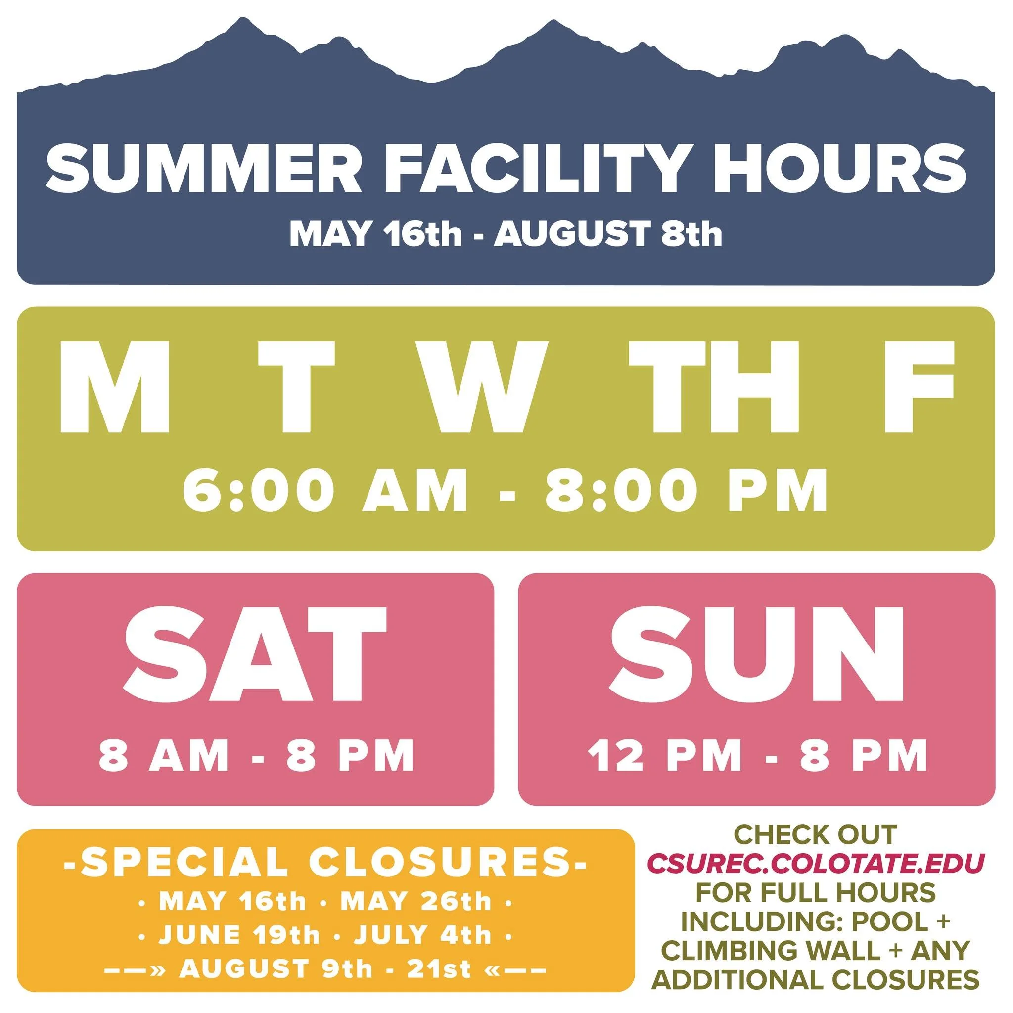 ☀ Sunny Season = Summer Schedule 😎

 #summer X #summervibes X #RecingRams X #campusrec X #wellness #coloradostateuniversity X #csurec