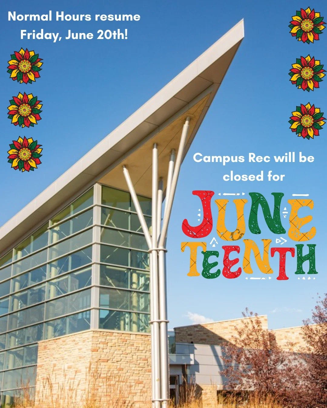 The Campus Rec will be closed on Thursday, June 19th! 🐏
Normal Hours resume on Friday, June 20th! 💚