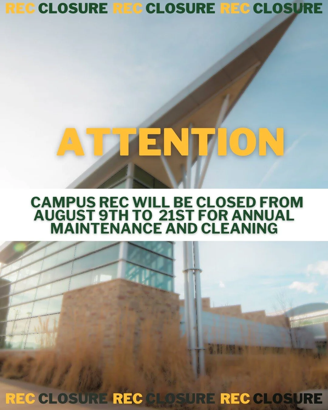 📣 Heads up, Rams!
😎It's that time of year again! CSU Campus Rec will be closed from August 9&ndash;21 for annual maintenance and cleaning. Business offices will be open, Monday-Friday, from 8am-5pm but all workout spaces will be closed.
💚 The buil