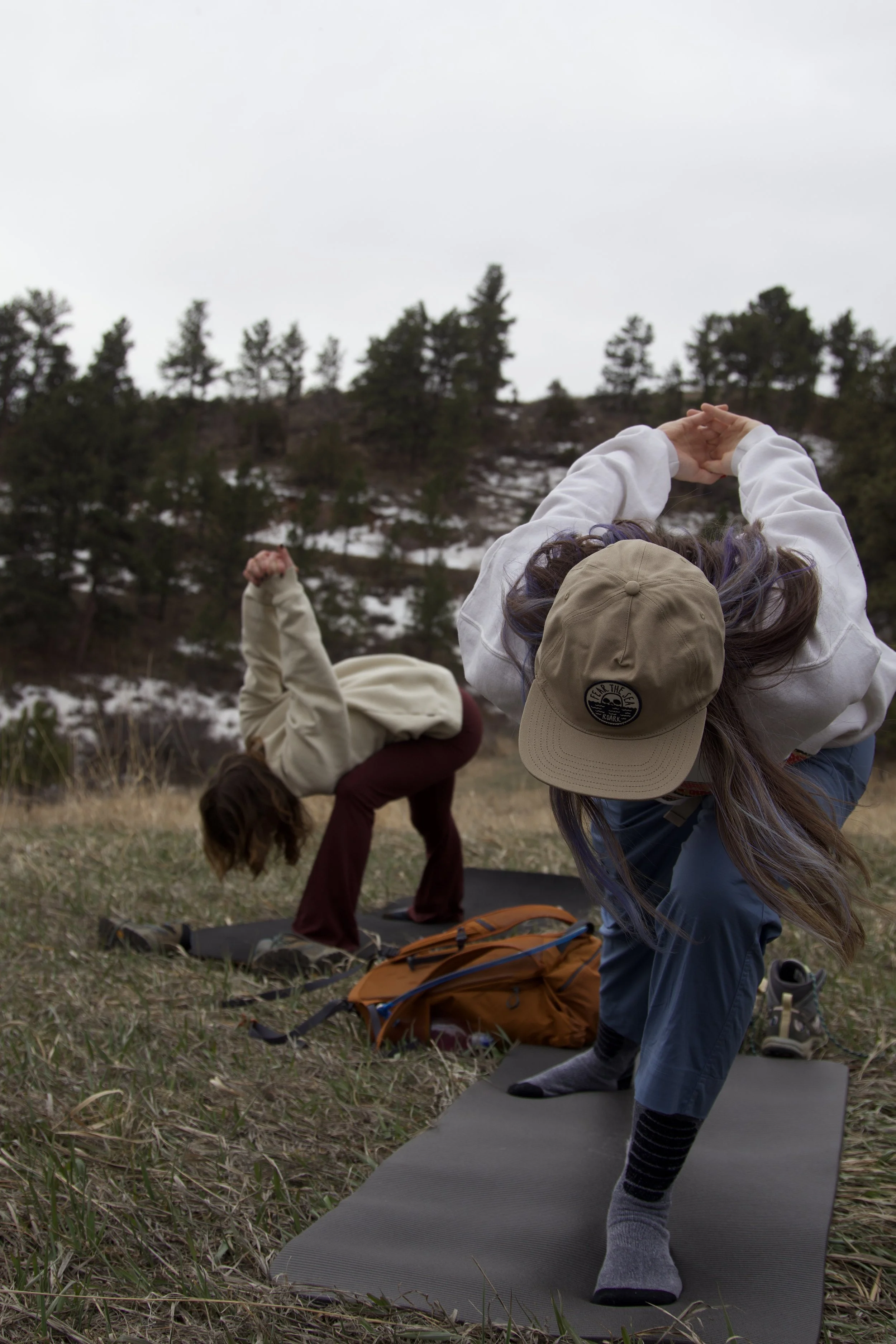 "Campus Zen"
Two people practicing yoga outdoors on mats in a grassy area with trees in the background. One person is wearing a cap and sweater, the other is in a hoodie and pants.