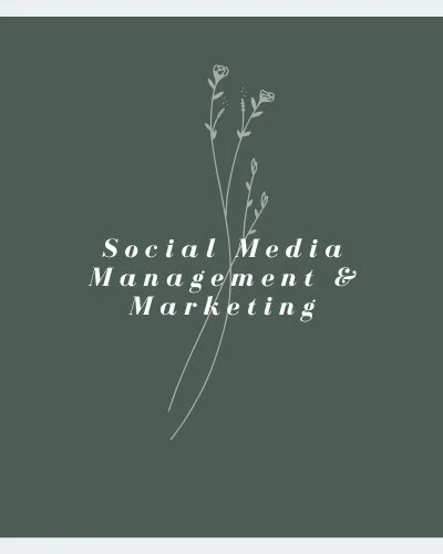 Minimalistic green background with white text saying "Social Media Management & Marketing" and simple floral design.