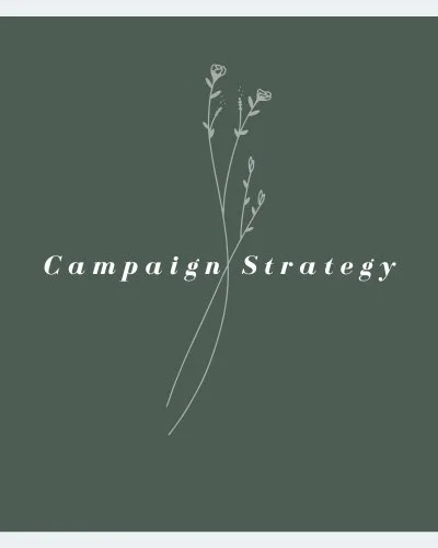 "Campaign Strategy" text with simple floral designs on a dark green background.