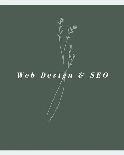 Dark green background with white text 'Web Design & SEO' and minimalistic floral graphic.