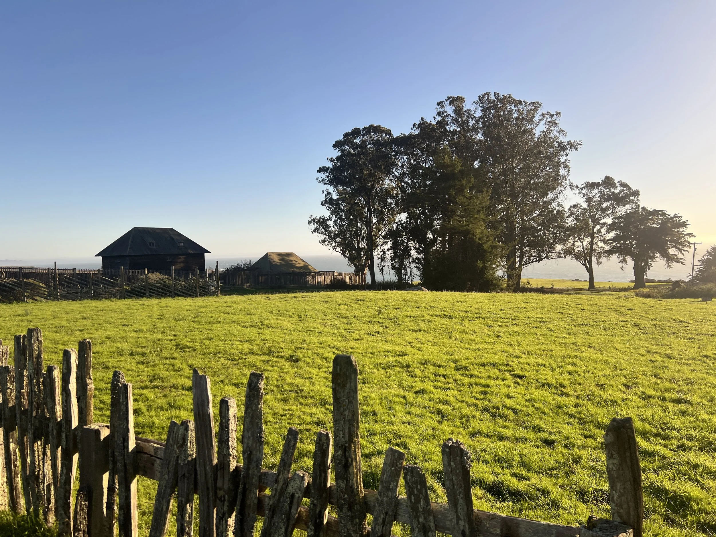 Scenic rural landscape with a wooden fence, green grassy field, trees, and two rustic buildings under a clear blue sky.
