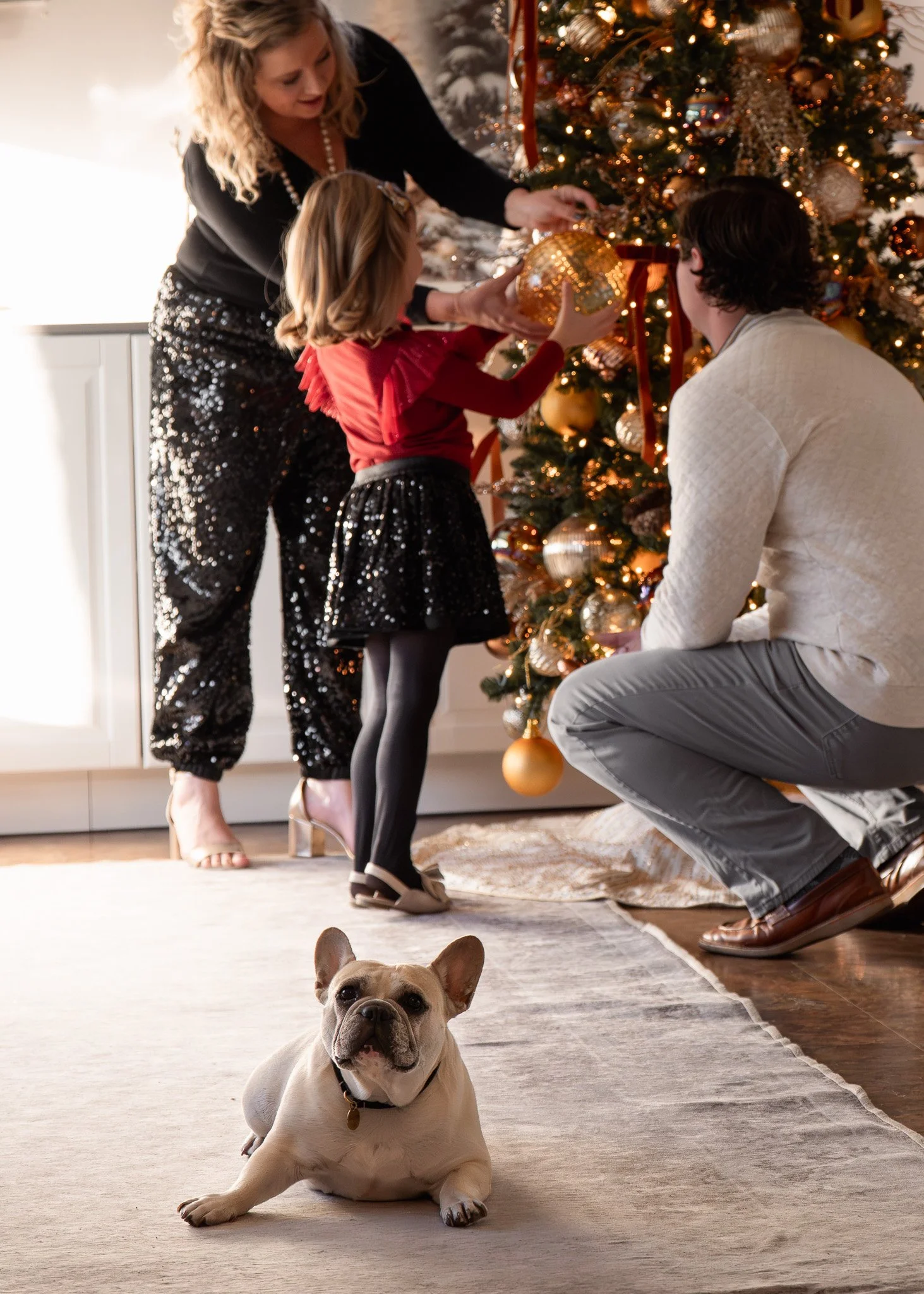 Family decorating Christmas tree, with dog lying on the floor in front.